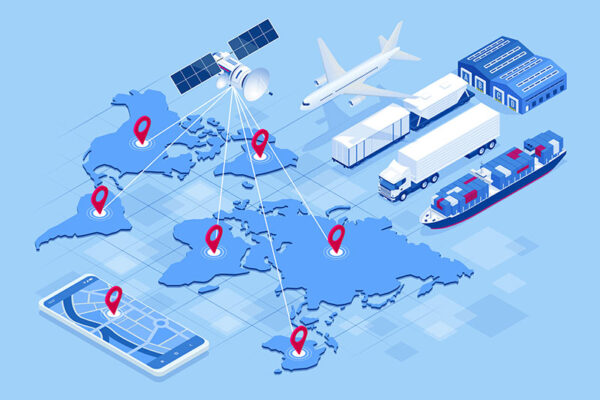 Illustration of global logistics showing a satellite tracking red location pins on a world map.