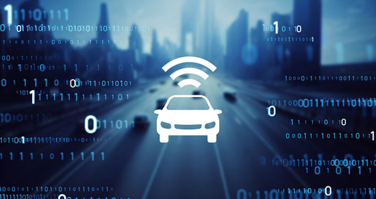 A digital graphic of a car with a Wi-Fi signal icon over a cityscape background, surrounded by binary code.