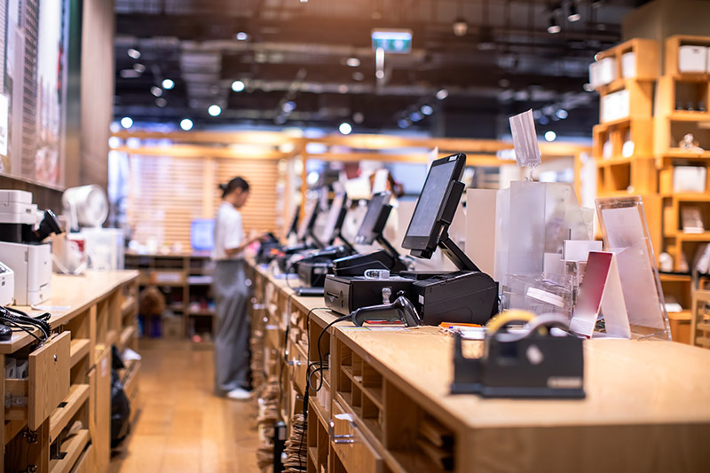 This store interior features wooden shelves and multiple checkout counters in the foreground.