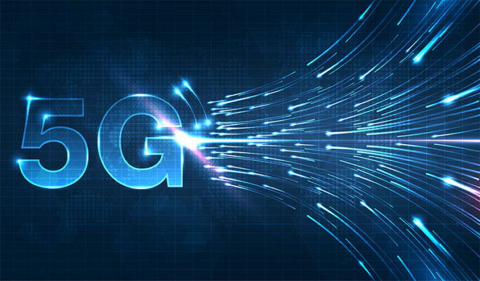 Digital graphic illustrating "5G" with blue light streaks symbolizing fast data transfer on a dark blue background.