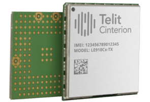 The Telit LE910Cx-TX, a 4G LTE module, is displayed on a white background.