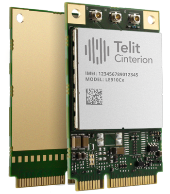 Two Telit Cinterion LE910Cx LTE modules showcase a QR code alongside details like model and IMEI number, complete with connectors and electronic components.