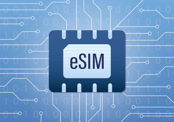A blue eSIM graphic with a background of circuitry lines and ones and zeros.