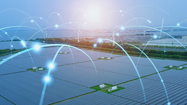 A vast solar farm with numerous panels, overlaid with graphic white arcs representing data connectivity.