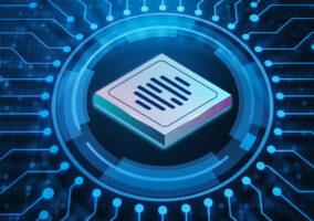 An IoT module with the Telit Cinterion logo, surrounded by digital concentric circles and circuitry lines and dots.