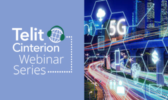 Image showing the Telit Cinterion Webinar Series logo on the left. The right side depicts a cityscape at night with icons representing 5G technology and smart city elements, highlighting advanced asset tracking features.