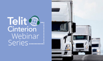 Promotional graphic with text "Telit Cinterion Webinar Series" and an image of several white semi-trucks driving on a highway, highlighting the future of cellular IoT in transportation.