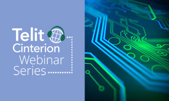 Telit Cinterion Webinar Series logo on the left; close-up view of a green and blue IoT device development circuit board on the right.