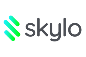Logo of Skylo featuring three green and blue diagonal lines on the left, followed by the word "skylo" in lowercase gray letters.