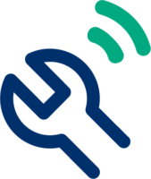 Icon of a blue wrench with two green curved lines above it, symbolizing signals or communication.