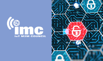 The image on the left displays the IoT M2M Council logo. The image on the right portrays a close-up of a digital circuit board with padlock icons, one prominently in red, signifying security.