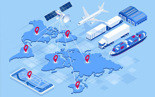 Illustration depicting global logistics, with a satellite connecting locations on a world map, and various modes of transport including a plane, cargo ship, truck, and warehouse.