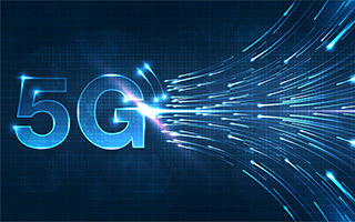 Digital "5G" graphic with blue light streaks symbolizing fast data transfer on a dark blue background.