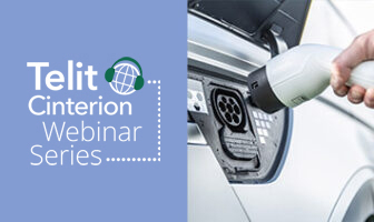 A person connects a charger to an electric vehicle beside a "Telit Cinterion Webinar Series" logo, highlighting advancements in IoT security.