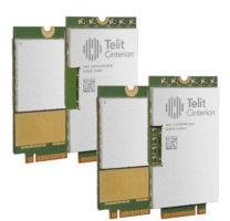 Three Telit Cinterion PCI express modules are displayed in a staggered formation against a white background.