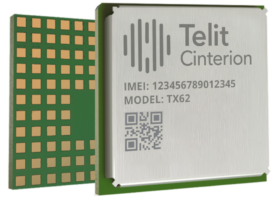 Image of a Telit Cinterion module with the text "IMEI: 123456789012345" and "Model: TX62" on its surface, alongside a QR code. The module features a circuit board with gold connectors.