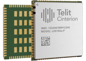 A Telit Cinterion chip labeled with IMEI: 123456789012345 and Model: LE915Ax-P, showcasing its front and back sides.