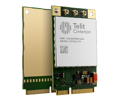 Two Telit Cinterion circuit boards with gold connectors are shown, one facing forward displaying text and the other showing the reverse side.