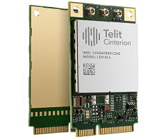 Computer module with Telit Cinterion branding, gold connectors, and circuit components. Model number L9618X and serial number printed on it.