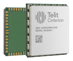 Square electronic component labeled "Telit Cinterion," showing an IMEI number and model "ML865G1," with a QR code on its surface. Another similar component is partially visible behind it.