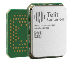 Electronic circuit board with a metal case labeled "Telit Cinterion" with an exposed contact area. Model NE310L2 and IMEI visible, along with a QR code.