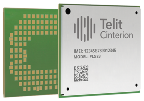 Close-up of a Telit Cinterion module, showing its label with IMEI number, model name PLS83, and a QR code. One side displays a circuit pattern.