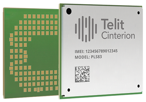 Close-up of a Telit Cinterion module, showing its label with IMEI number, model name PLS83, and a QR code. One side displays a circuit pattern.