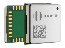 A small electronic module with a QR code, gold connectors, and labeled "SE868SY-SF.