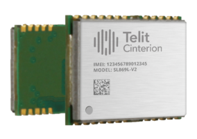 Electronic chip labeled "Telit Cinterion," with model number SL869L-V2 and an IMEI number displayed.