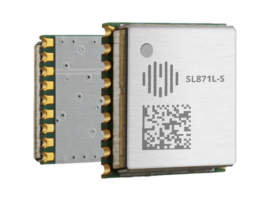 Close-up of an electronic module with a metallic casing, featuring a QR code and text "SL871L-S." The module has gold connectors on the side.