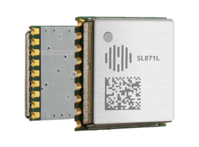 A shielded electronic module with pins on the side, labeled "SL871L," featuring a circular logo and a QR code.