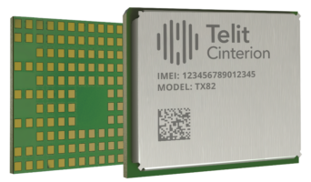 Electronic chip labeled "Telit Cinterion" with IMEI: 123456789012345 and Model: TX82, against a green circuit board background.