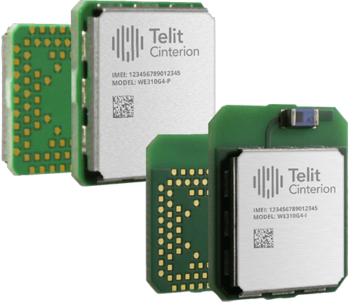 Two electronic circuit modules labeled Telit Cinterion, with model numbers WE310G4-P and WE310G4-I, featuring visible IMEI numbers and gold connector pins.