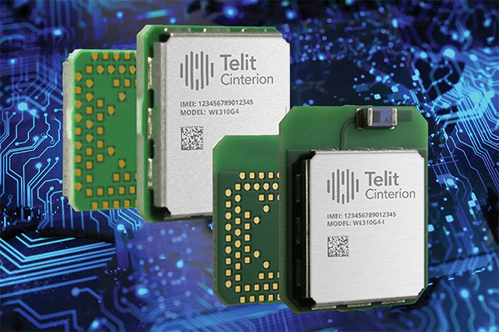 Two Telit Cinterion modules with QR codes on a circuit board background, displaying model numbers and IMEI details.