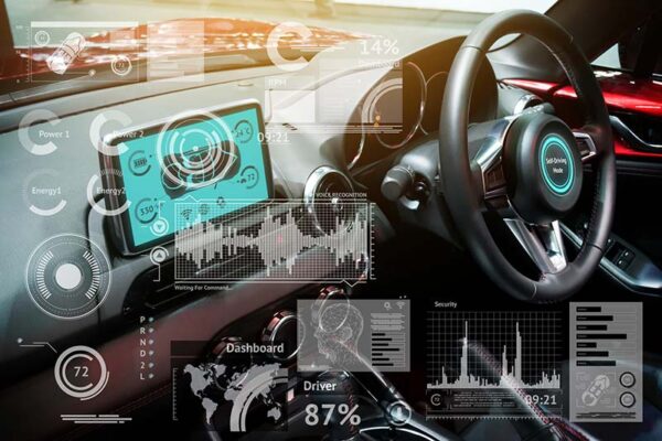 Futuristic car dashboard showcasing various digital information and graphs, seamlessly integrating telematics and asset tracking technology.