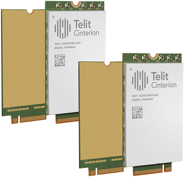 Two Telit Cinterion modules with identifiable serial numbers and QR codes, shown on a transparent background.