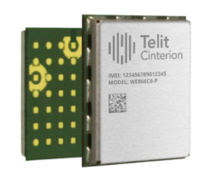 Close-up of a Telit Cinterion electronic component with visible IMEI, model number WE866C6-P, and a QR code on a metallic casing.