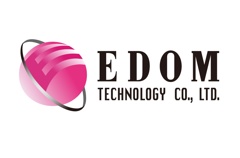 Logo of Edom Technology Co., Ltd. featuring a pink globe design with a swoosh and bold black text.