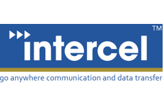 Logo of Intercel featuring three arrowheads followed by the word "Intercel" in white on a blue background, with the tagline "go anywhere communication and data transfer" below.