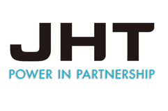 Logo with large black letters "JHT" above smaller blue text "Power in Partnership" on a white background.