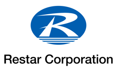 Blue and white logo of Restar Corporation featuring a stylized "R" above the company's name in black text.