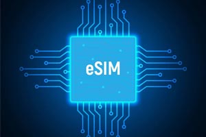 Illustration of a glowing blue microchip labeled "eSIM" with circuit lines extending outward on a dark background.