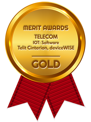 Gold award for Merit Awards in Telecom, IoT: Software category, honoring Telit Cinterion's deviceWISE, a leader among IoT platforms, with a red ribbon.