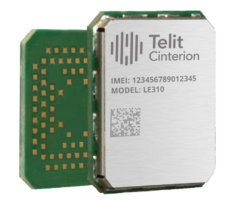 Electronic component labeled "Telit Cinterion" with IMEI 123456789012345 and model LE310, featuring a circuit board and QR code.